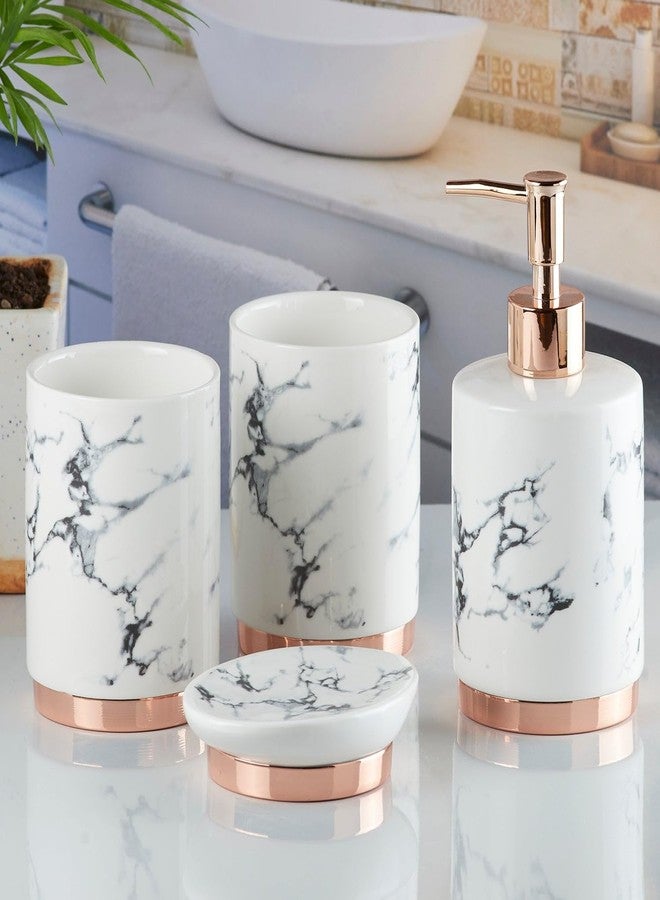 Kookee Ceramic Bathroom Set - Stylish 4 Piece Bath Accessories Kit with Soap Dispenser, Toothbrush Holder, Tumbler & Soap Dish - Modern & Designer Decor for Home & Guest Bathrooms, White/Gold (9600) - Image 3